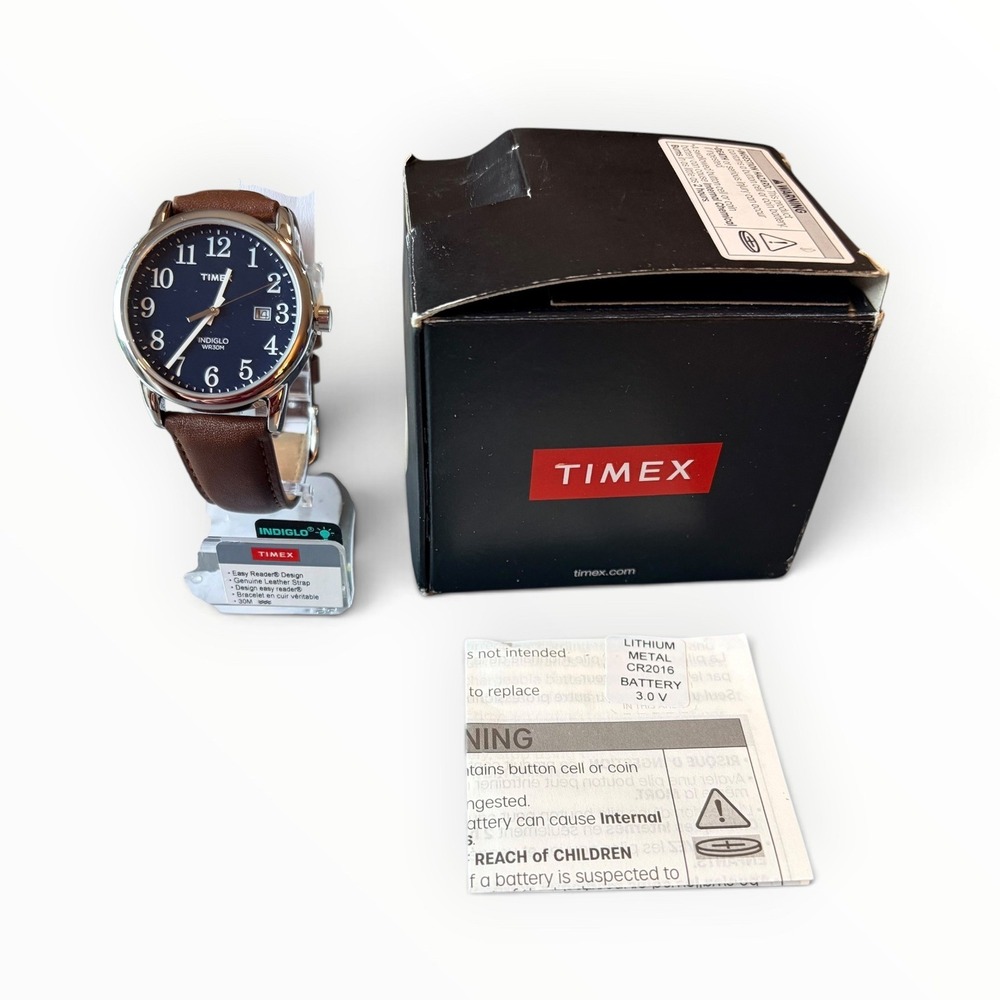 Timex Easy Reader Watch OS Blue Brown Leather Indiglo Date TW2P75900 9J